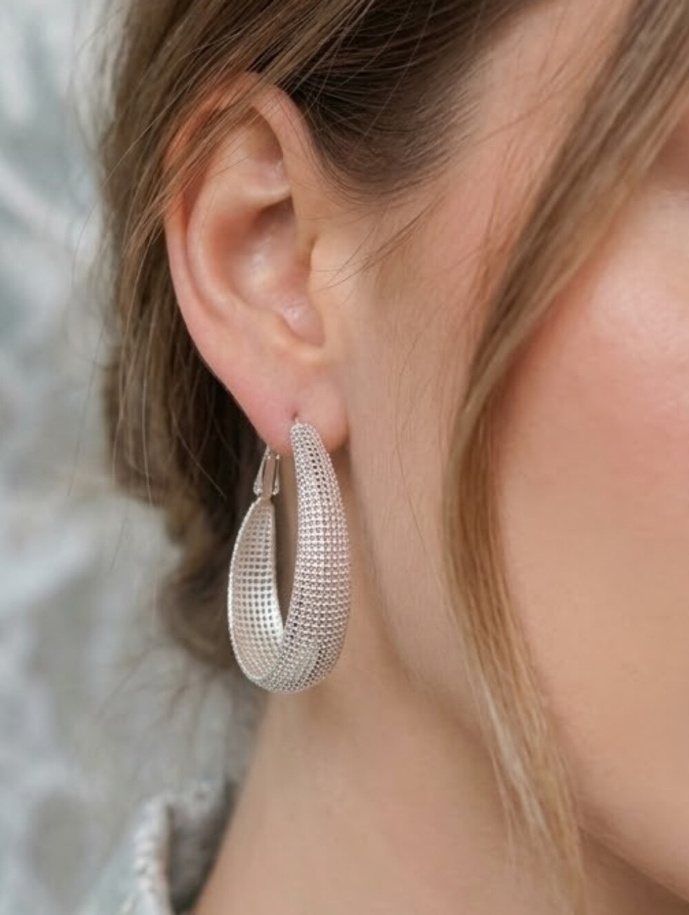 925 Silver Textured Hoop Earrings - Women Jewelry